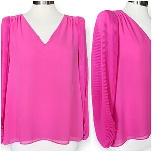 Ann Taylor Factory V-Neck Plisse Long Puff Sleeve Blouse Top in Pink, Small